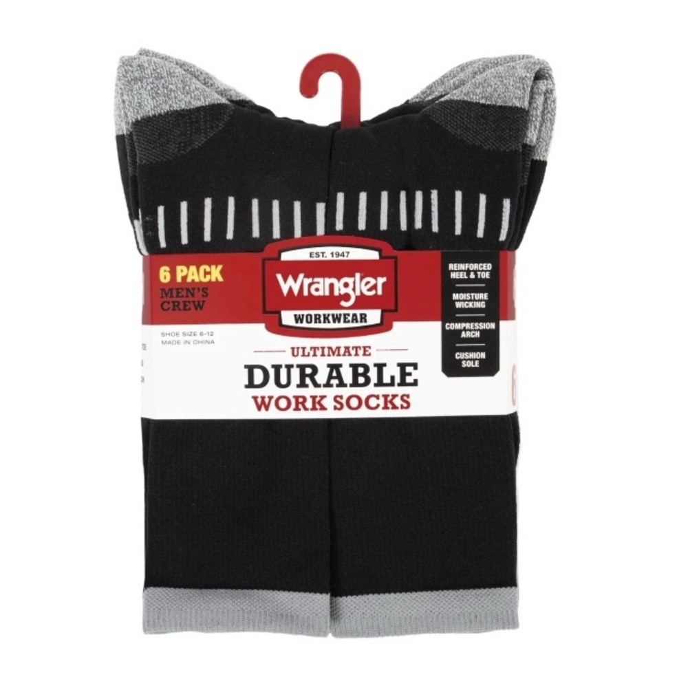 Wrangler Workwear Men's Ultimate Work Socks 6pk Black or Gray Size 10-13 NWT